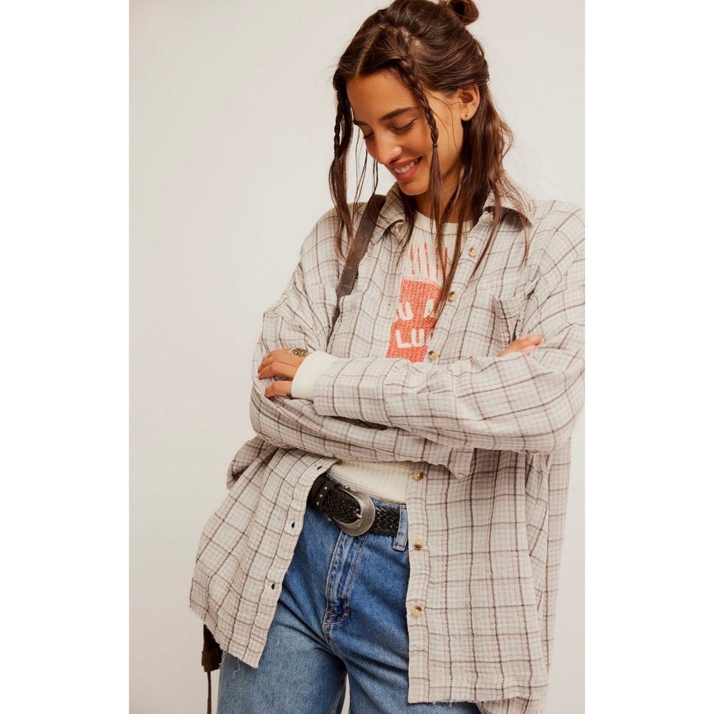 Free People Cardiff Plaid Buttondown Shirt Misty Lilac Combo Beige Size Med